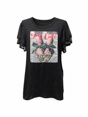 First Love “YOU ARE CUTE” Graphic Tee Ruffle Sleeve Black XL